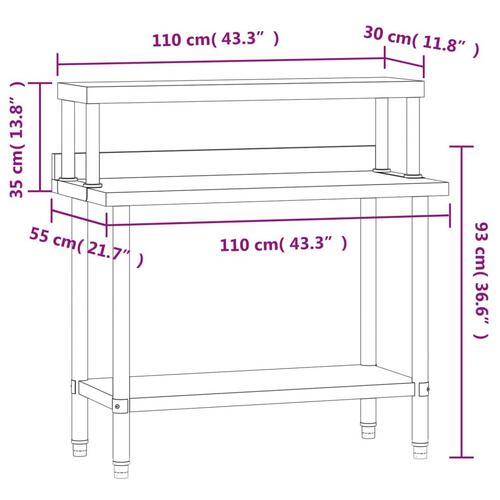 Køkkenbord med tophylde 110x55x120 cm rustfrit stål