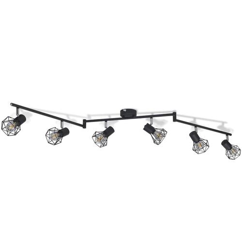 Sort spotlight, trådramme i industristil, 6 pærer med LED-glødetråd