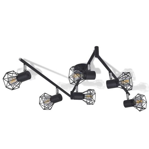 Sort spotlight, trådramme i industristil, 6 pærer med LED-glødetråd