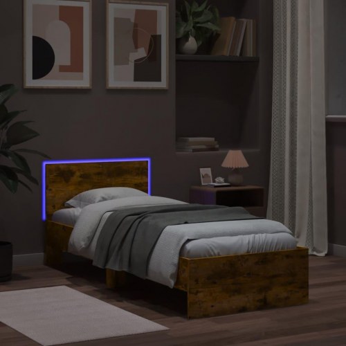 Sengeramme med sengegavl og LED-lys - røget egetræ, 75 x 190 cm