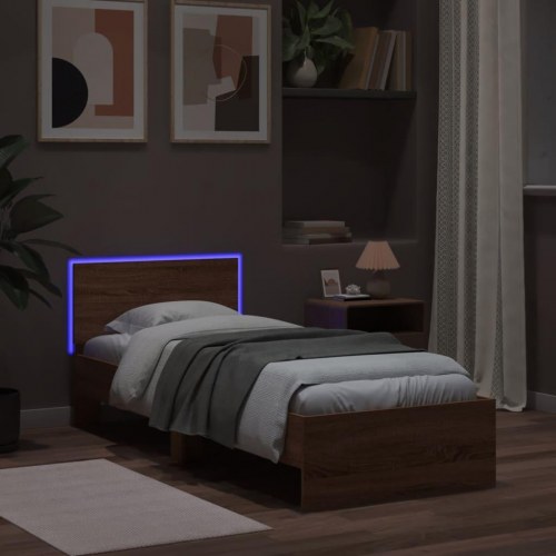 Sengeramme med sengegavl og LED-lys 90x190 cm - brun egetræsfarve