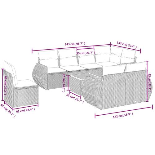Sofasæt til haven 9 dele med hynder polyrattan beige