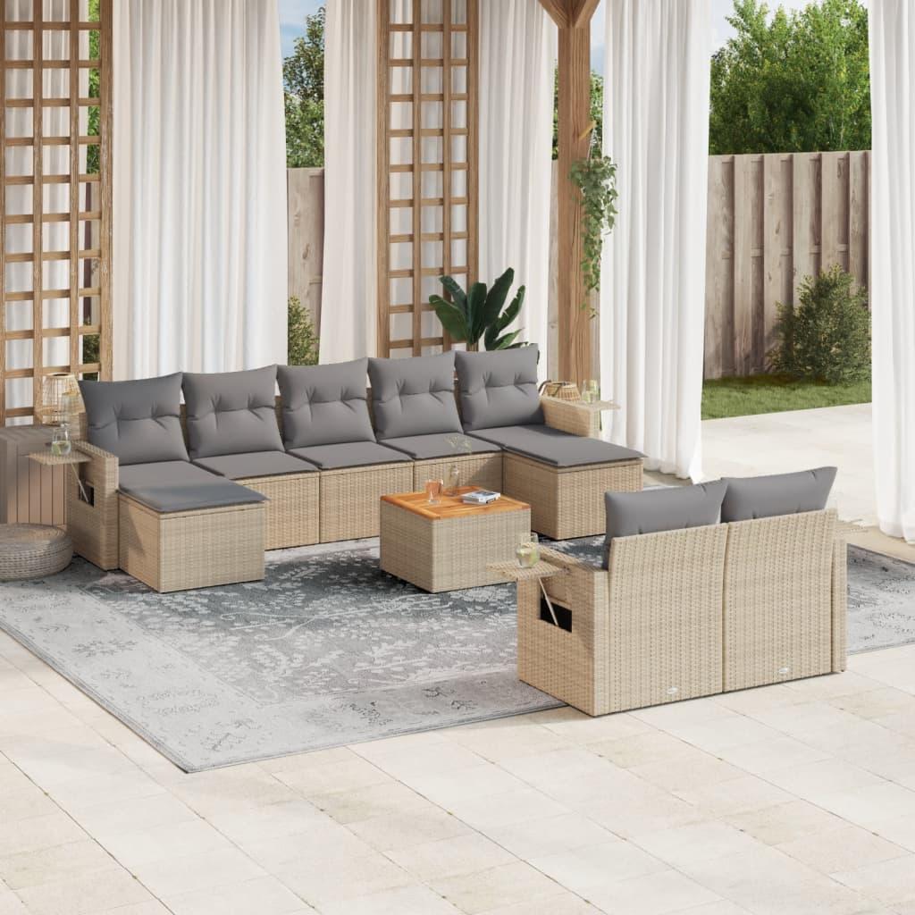 Havesofasæt 10 dele med hynder polyrattan beige