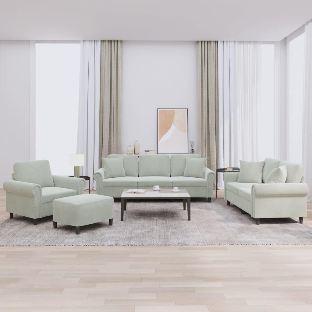 Sofasæt 4 dele med puder velour lysegrå