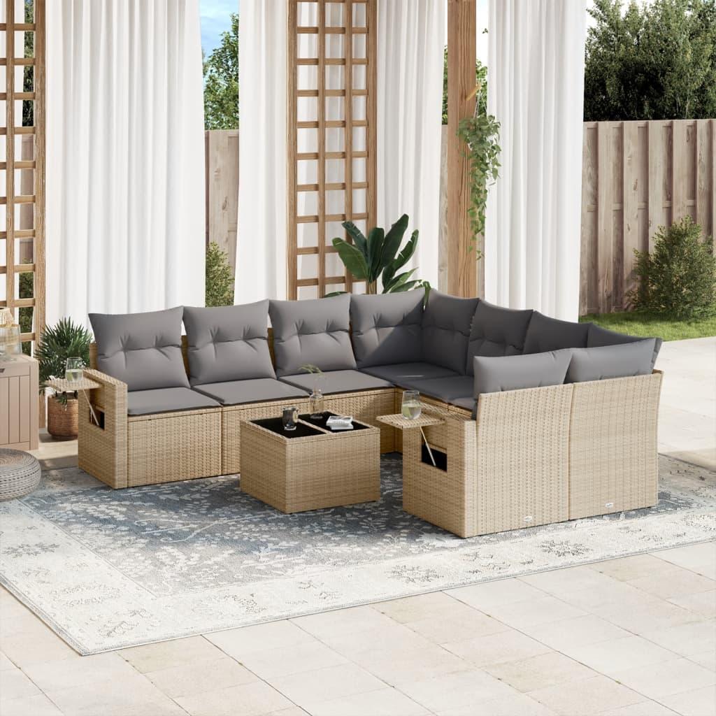 Sofasæt til haven i polyrattan - 9 dele med hynder, beige