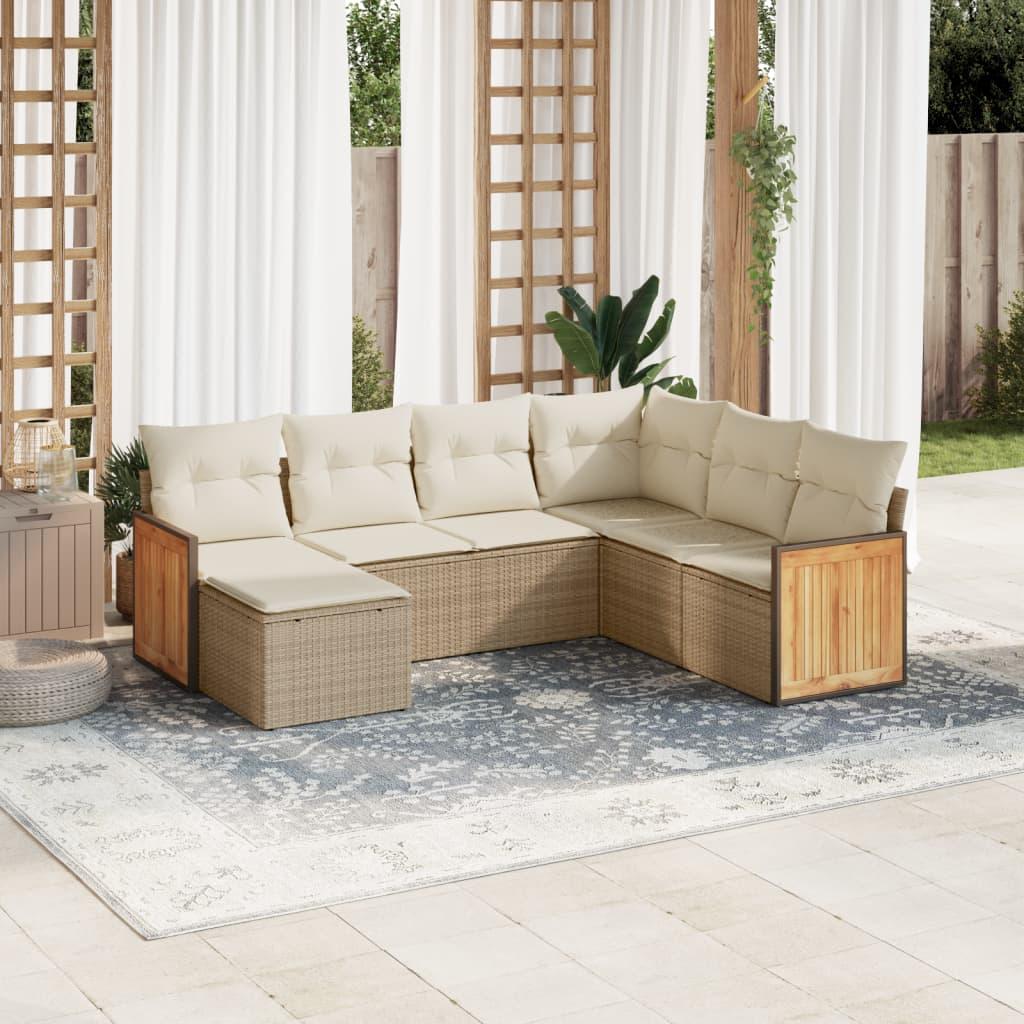 Sofasæt til haven i polyrattan - 7 dele med hynder, beige