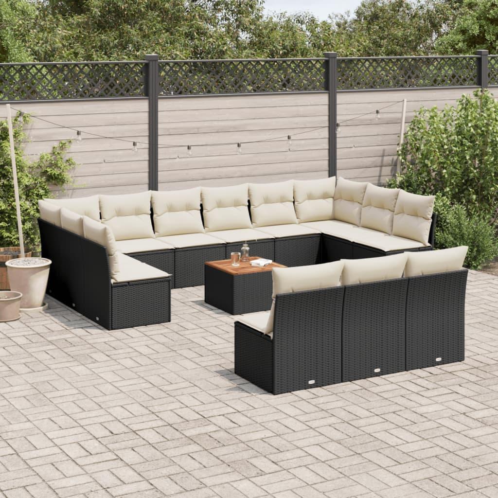 Havesofasæt 14 dele i sort polyrattan med hynder