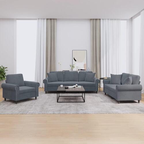 3 personers sofa med puder velour mørkegrå