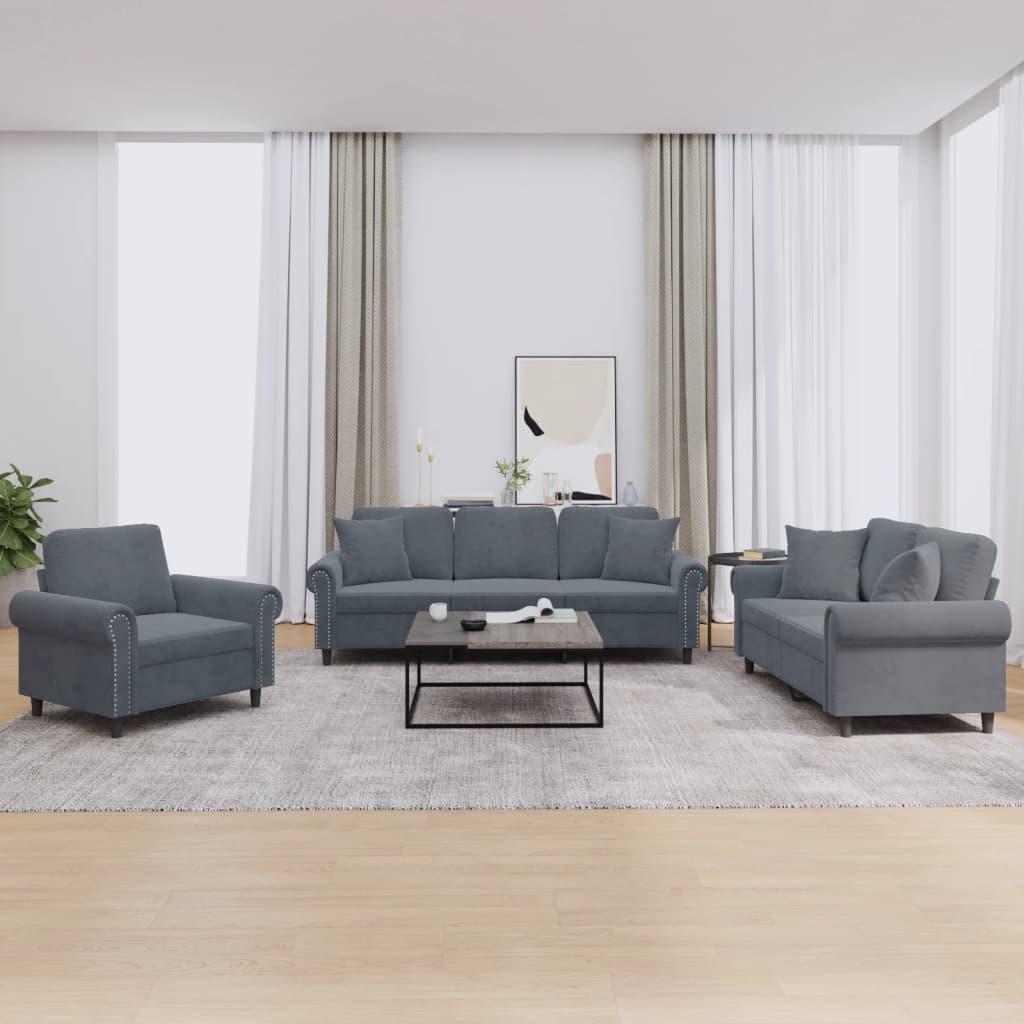 3 personers sofa med puder velour mørkegrå