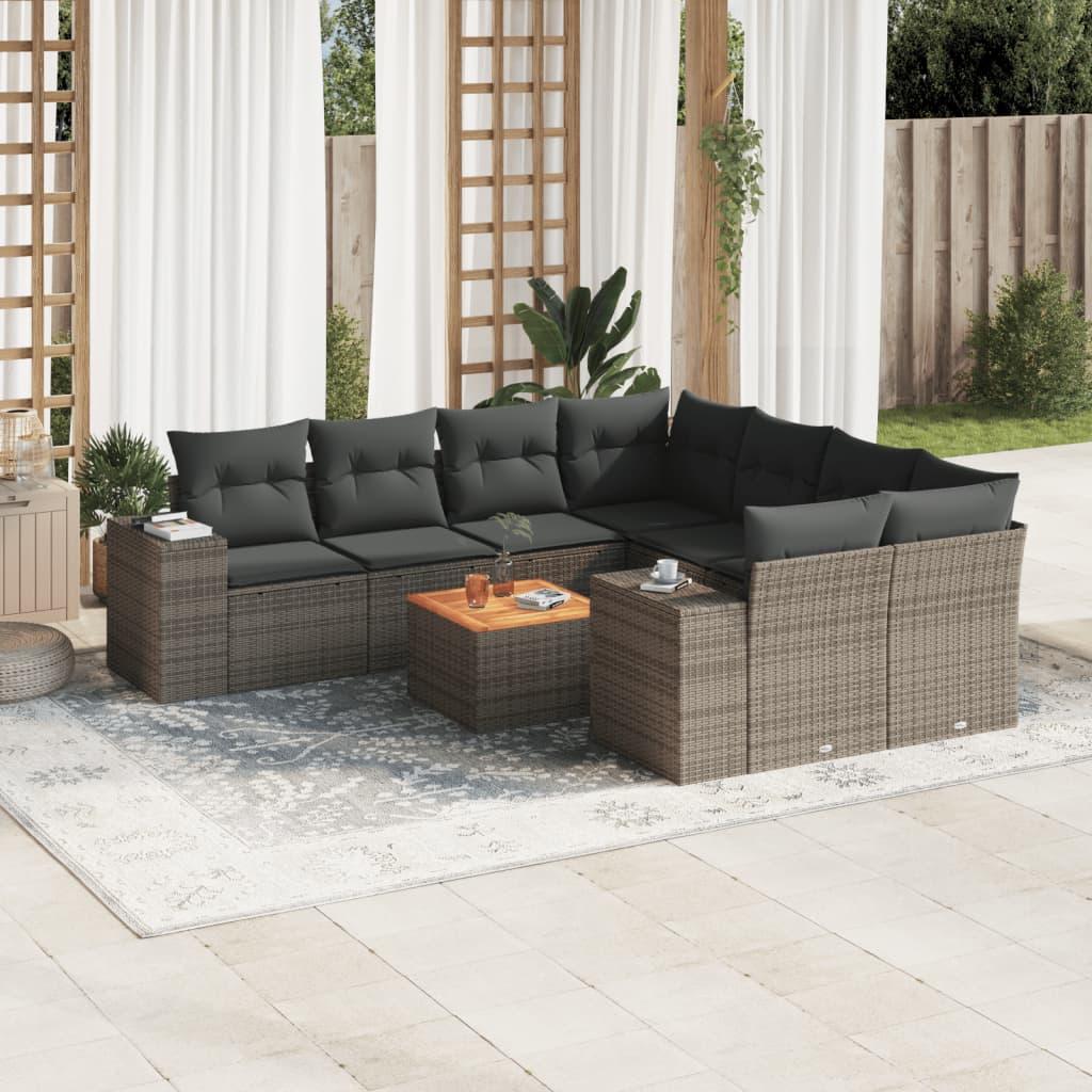 Sofasæt til haven i polyrattan - 9 dele med hynder, grå