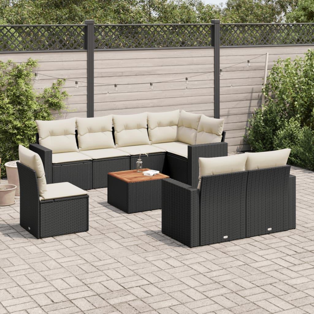 Sofasæt til haven i polyrattan - 9 dele med hynder, sort