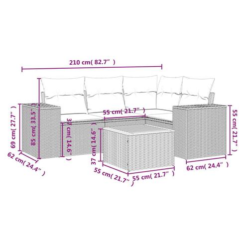 Sofasæt 5 dele med hynder polyrattan grå