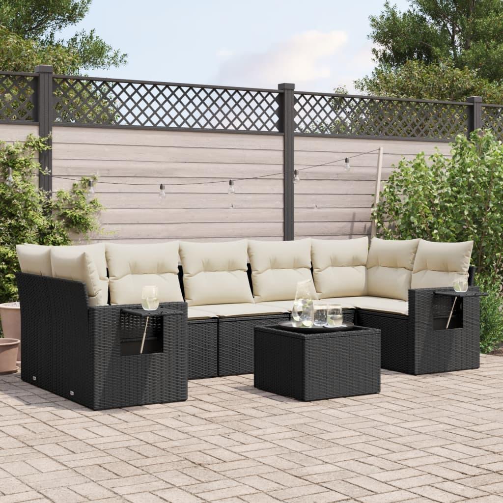 Havesofasæt i polyrattan - 8 dele med hynder, sort