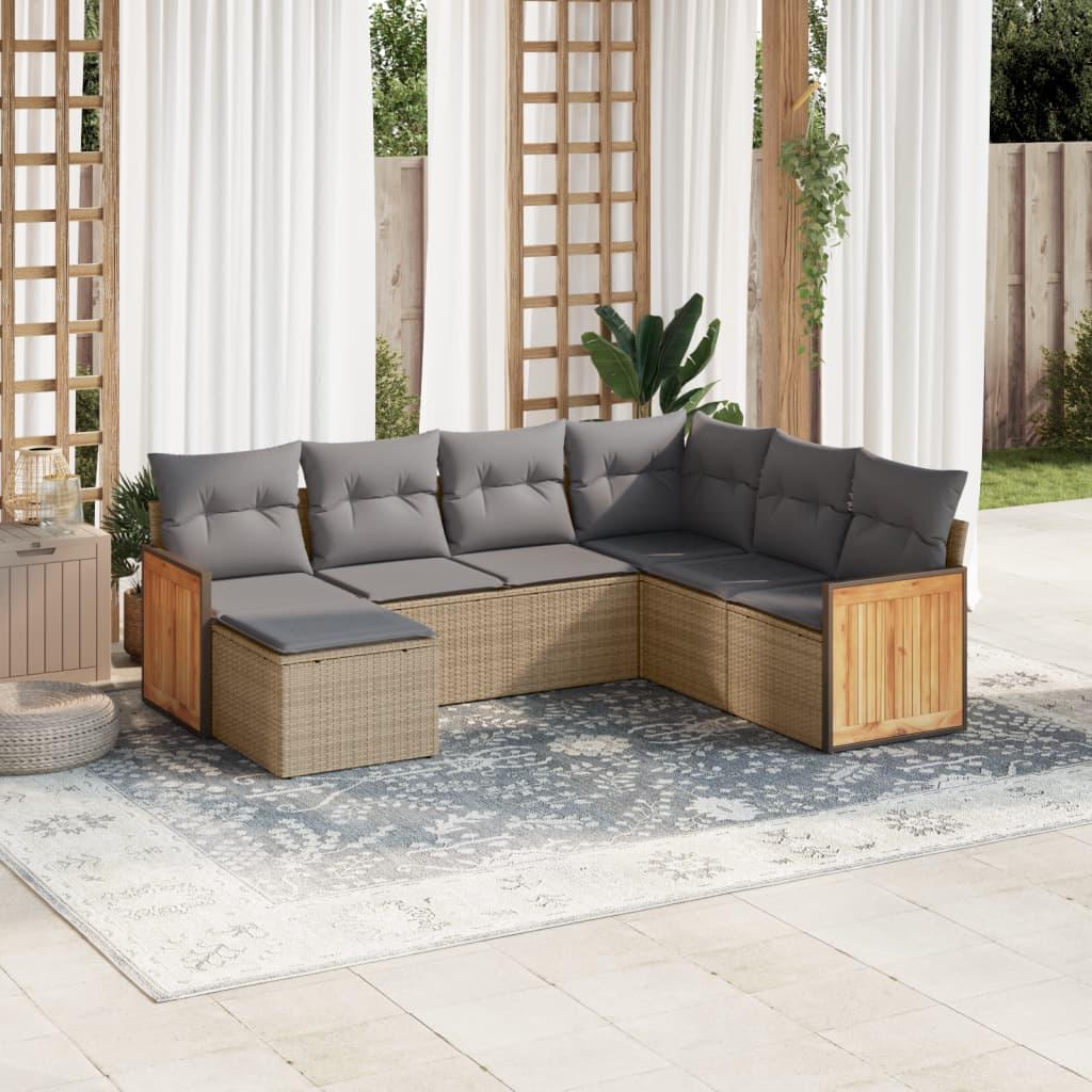 Havesofasæt i polyrattan - 7 dele med hynder, beige billede
