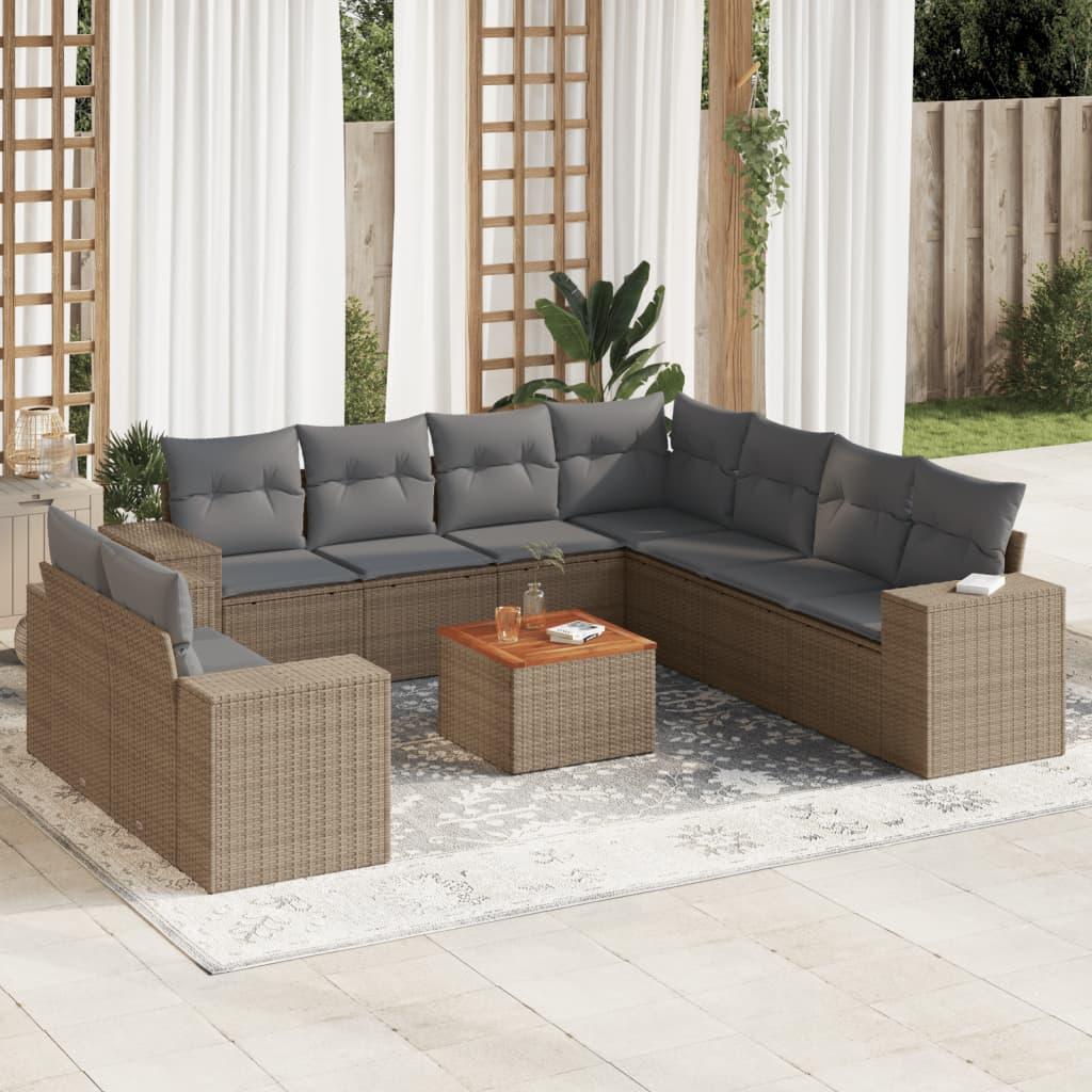 Sofasæt til haven i polyrattan, 10 dele med hynder - beige