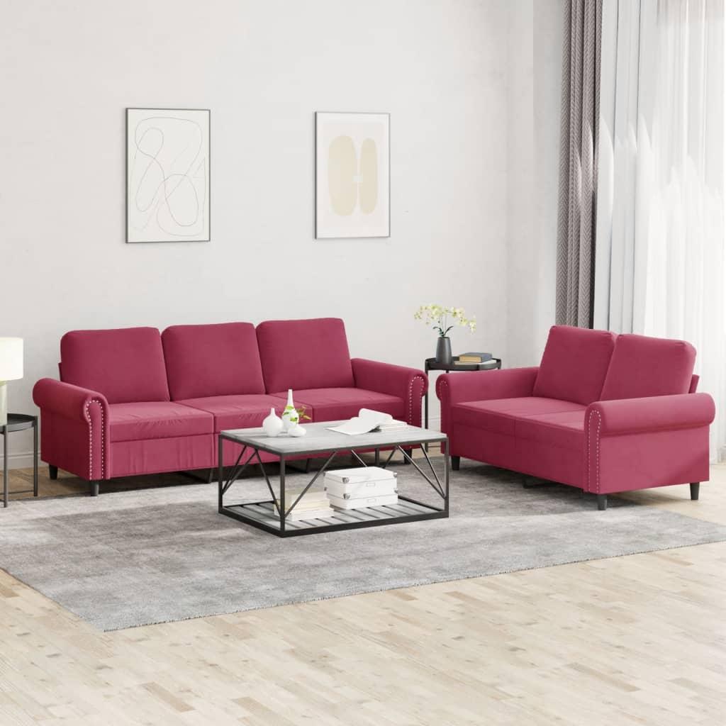 2 personers sofa med hynder velour vinrød