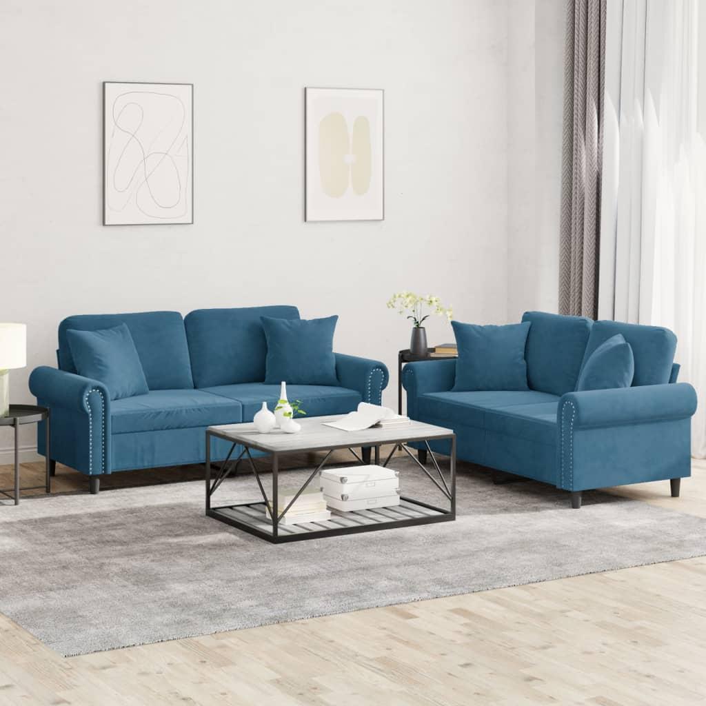 2 personers sofa med puder velour blå