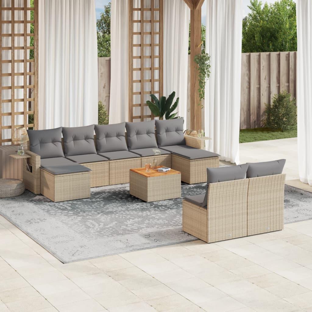 Havesofasæt 10 dele med hynder polyrattan beige