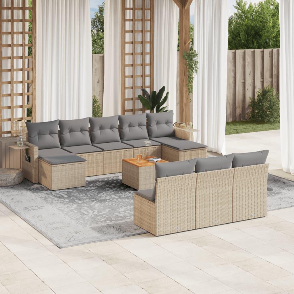 Havesofasæt 11 dele med hynder polyrattan beige