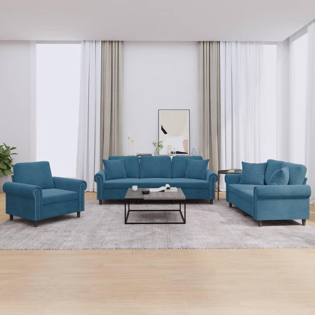 3 personers sofa med puder velour blå