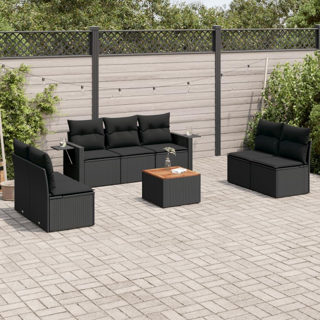 Sofasæt til haven i polyrattan - 8 dele med hynder, sort
