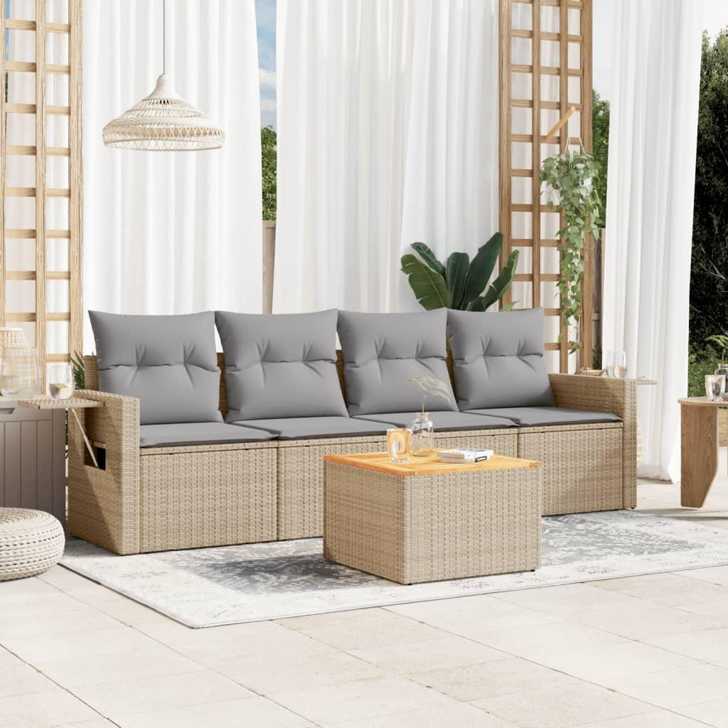 Havesofasæt 5 dele med hynder polyrattan beige