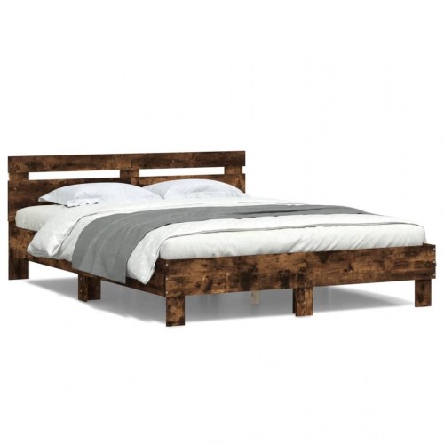 Sengeramme med sengegavl og LED-lys 140×190 cm - røget egetræ