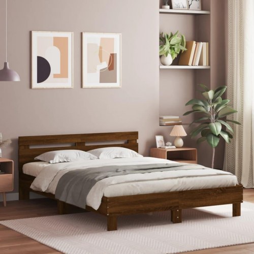 Sengeramme med sengegavl og LED-lys 140x190 cm - brunt egetræ