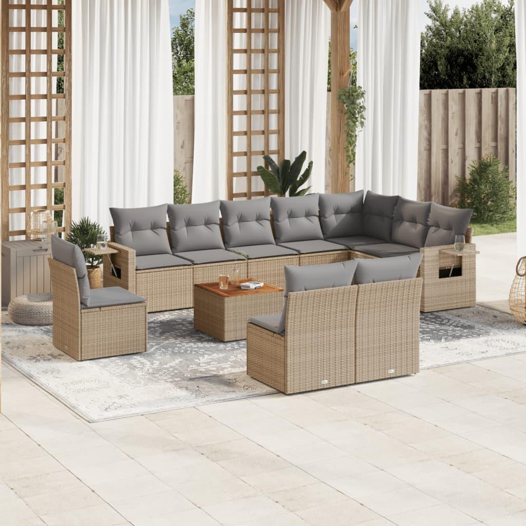 Havesofasæt 11 dele med hynder polyrattan beige