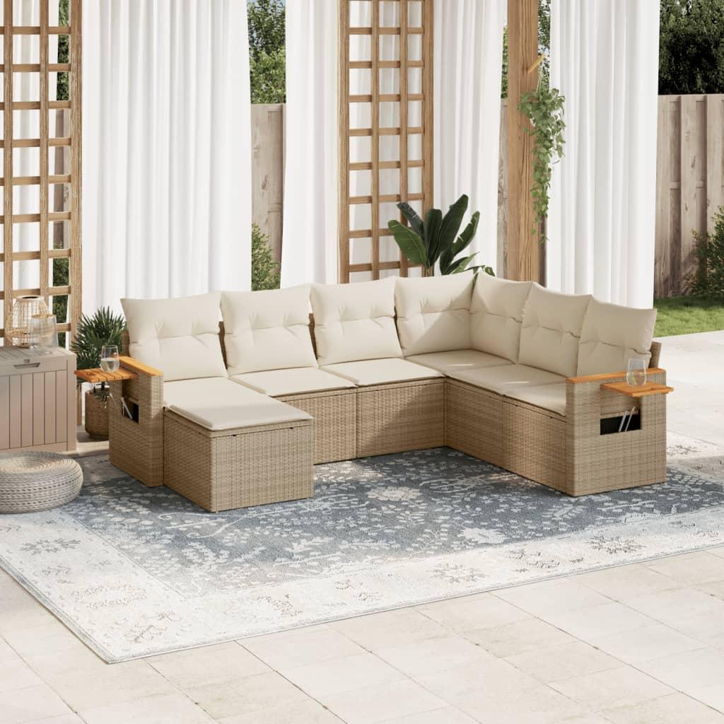 Sofasæt til haven i polyrattan - 7 dele med hynder, beige