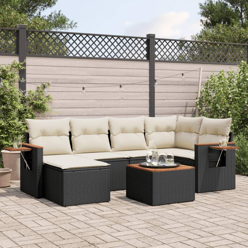Sofasæt til haven - 7 dele med hynder i polyrattan, sort