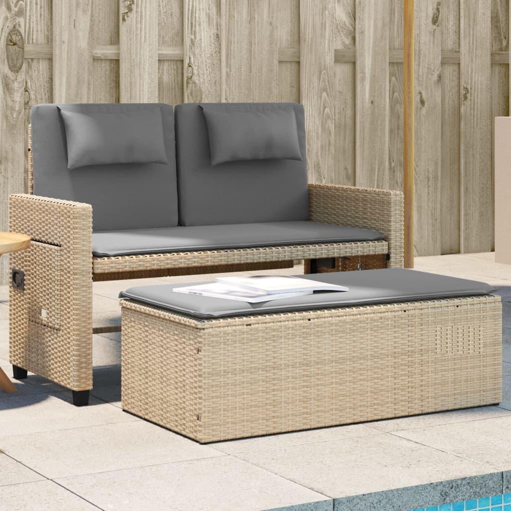 Havebænk med hynder og lænefunktion polyrattan beige