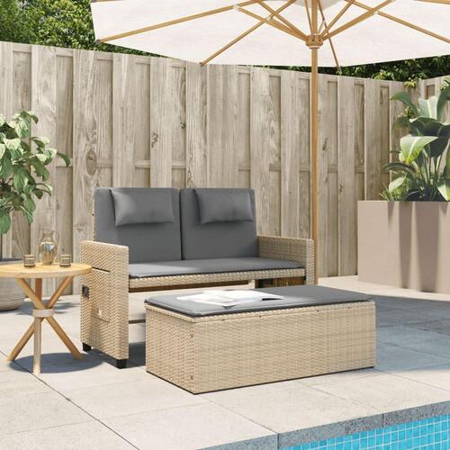 Havebænk med hynder og lænefunktion polyrattan beige