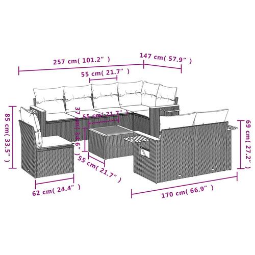 Sofasæt til haven 9 dele med hynder polyrattan beige