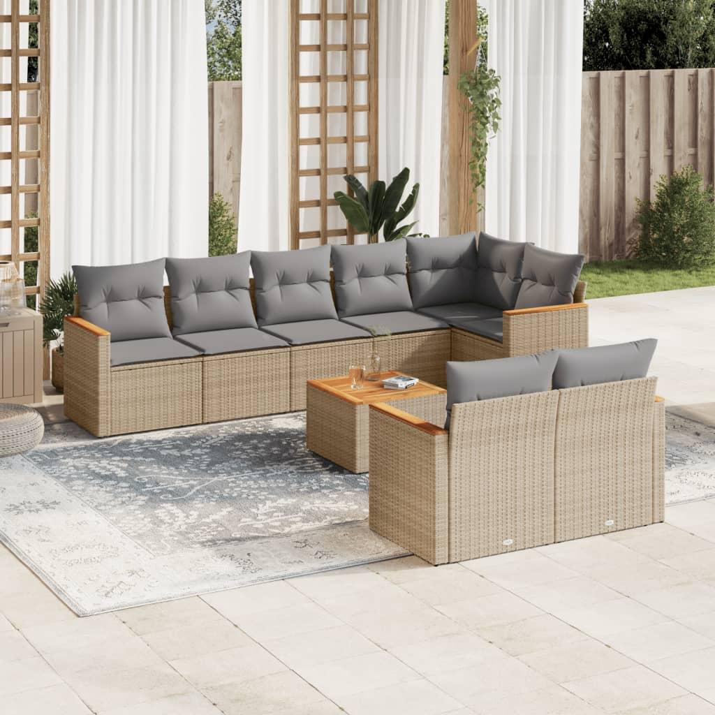Sofasæt til haven i polyrattan - 9 dele med hynder, beige/lysegrå