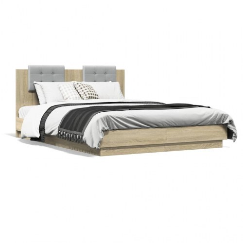 Sengeramme med sengegavl og LED-lys 120 x 200 cm - sonoma-eg