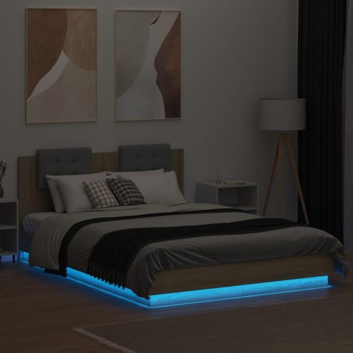 Sengeramme med sengegavl og LED-lys 120 x 200 cm - sonoma-eg