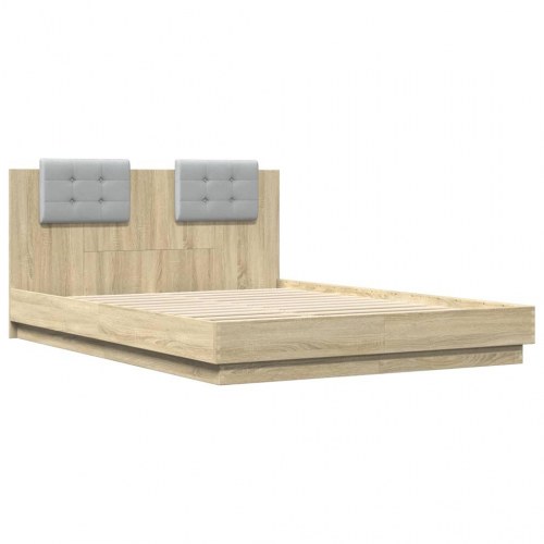 Sengeramme med sengegavl og LED-lys 140x200 cm sonoma-eg