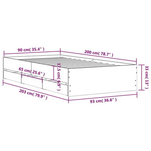 Sengeramme med skuffer 90x200 cm konstrueret træ brunt egetræ