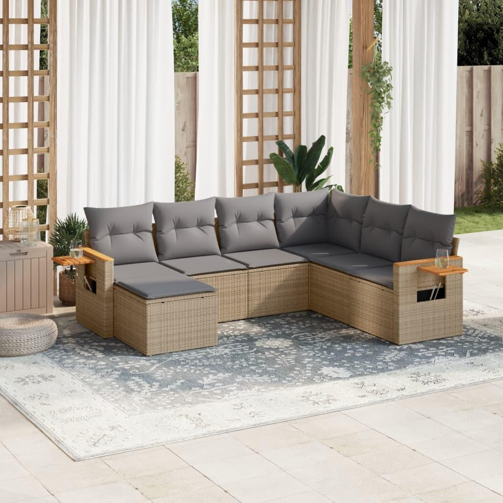 Havesofasæt i polyrattan - 7 dele med hynder, beige billede