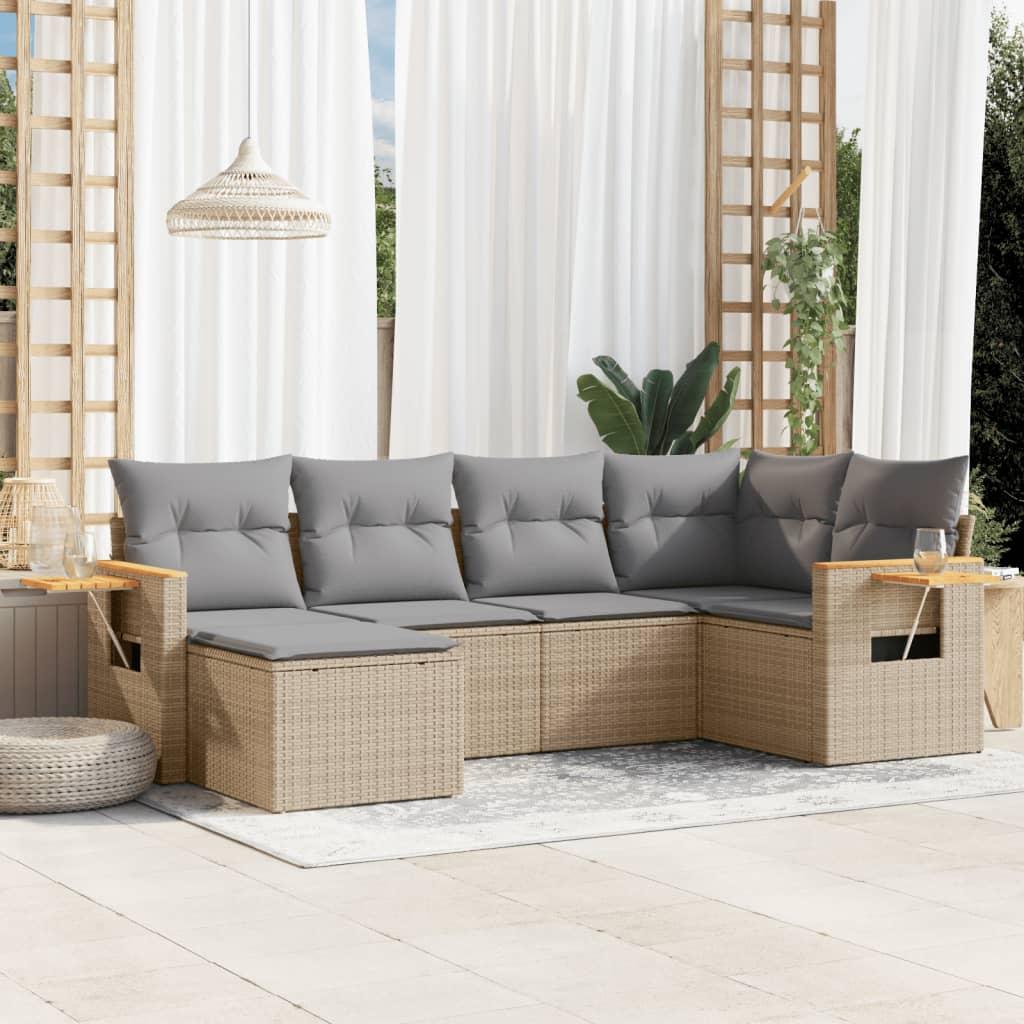Sofasæt til haven i polyrattan - 6 dele med hynder, beige