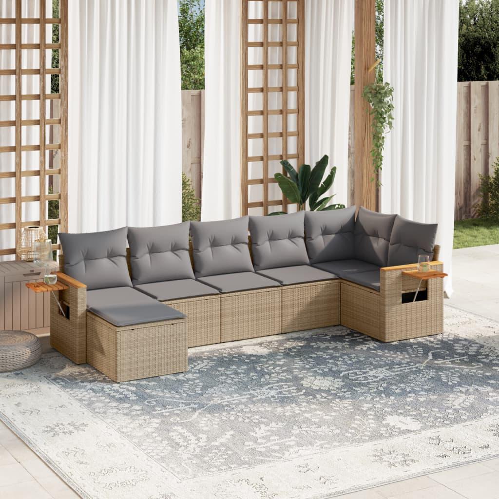 Sofasæt til haven i polyrattan - 7 dele med hynder, beige billede