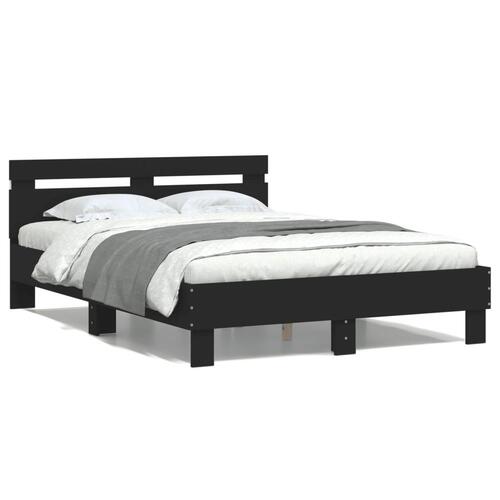 Sengeramme med sengegavl og LED-lys 135x190 cm sort