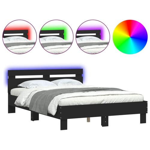 Sengeramme med sengegavl og LED-lys 135x190 cm sort