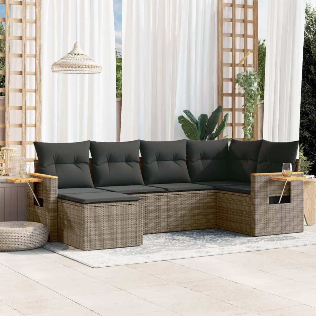 Sofasæt til haven i polyrattan - 6 dele med hynder, grå