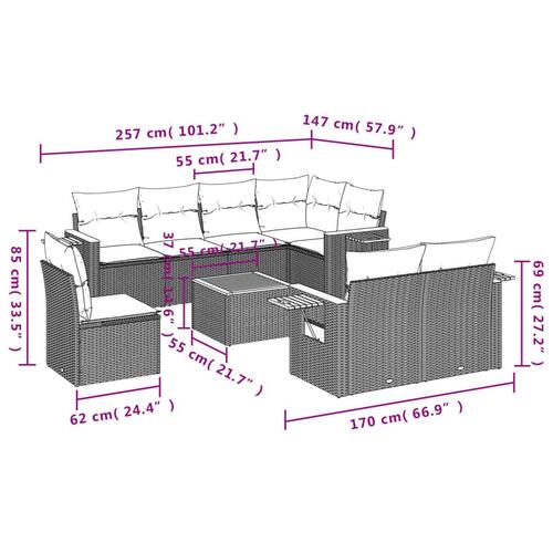 Sofasæt til haven 9 dele med hynder polyrattan grå