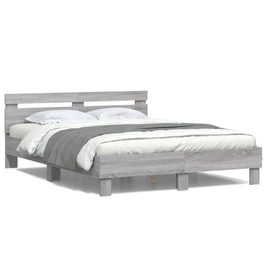 Sengeramme med sengegavl og LED-lys 140x190 cm grå sonoma-eg