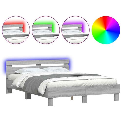 Sengeramme med sengegavl og LED-lys 140x190 cm grå sonoma-eg