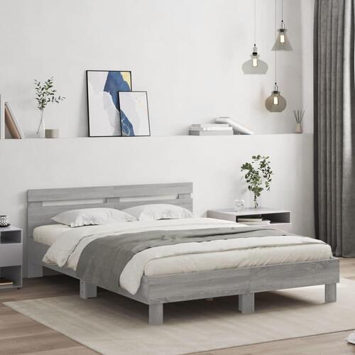 Sengeramme med sengegavl og LED-lys 140x190 cm grå sonoma-eg