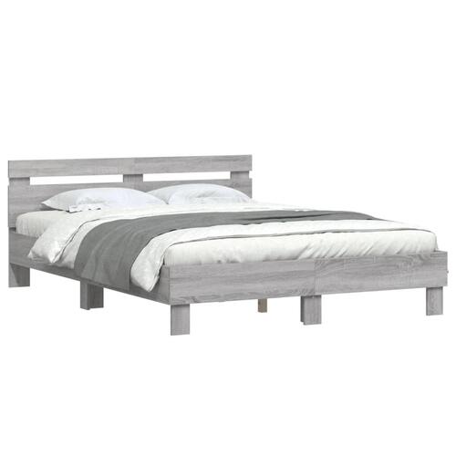 Sengeramme med sengegavl og LED-lys 140x190 cm grå sonoma-eg
